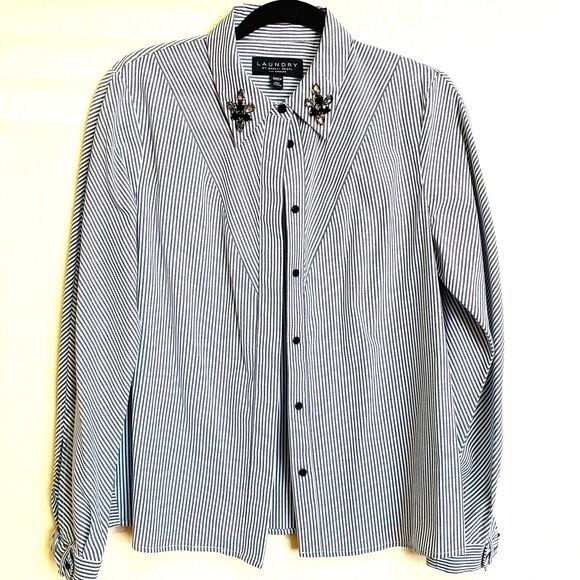 Laundry by Shelli Segal women top gray stripe long sleeve collar shirt size S - Picture 1 of 12